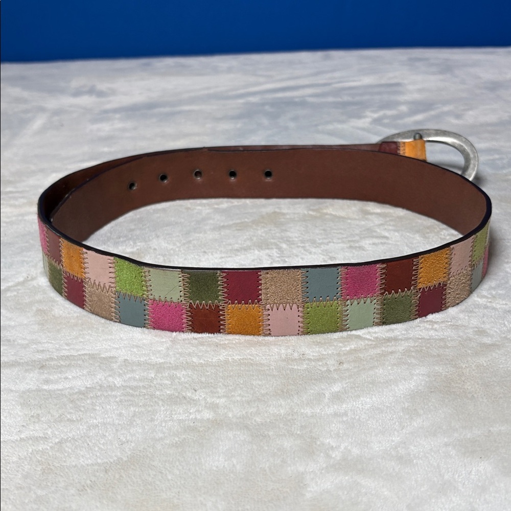 Vintage Fossil pastel & bright multicolor patchwork leather/suede belt Sz Medium - Picture 10 of 16